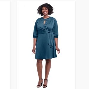 NWT London Times Dress Satin Teal Keyhole Neck Long Sleeves 22W NWT